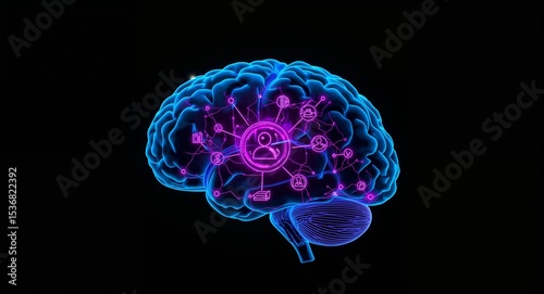 Glowing blue brain with pink connections on a black background showing ai and network concepts