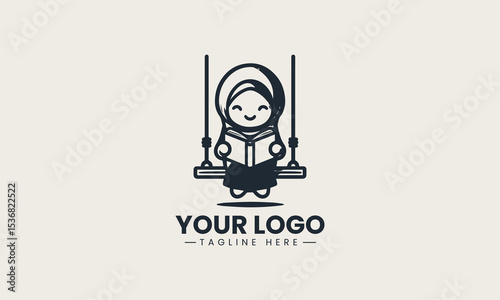 Smiling young Muslim girl in hijab joyfully reading a storybook on a playful wooden swing vector logo cartoon design