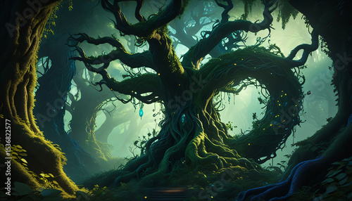 Underwater tree texture with sunlight on a dark blue ocean art grunge background