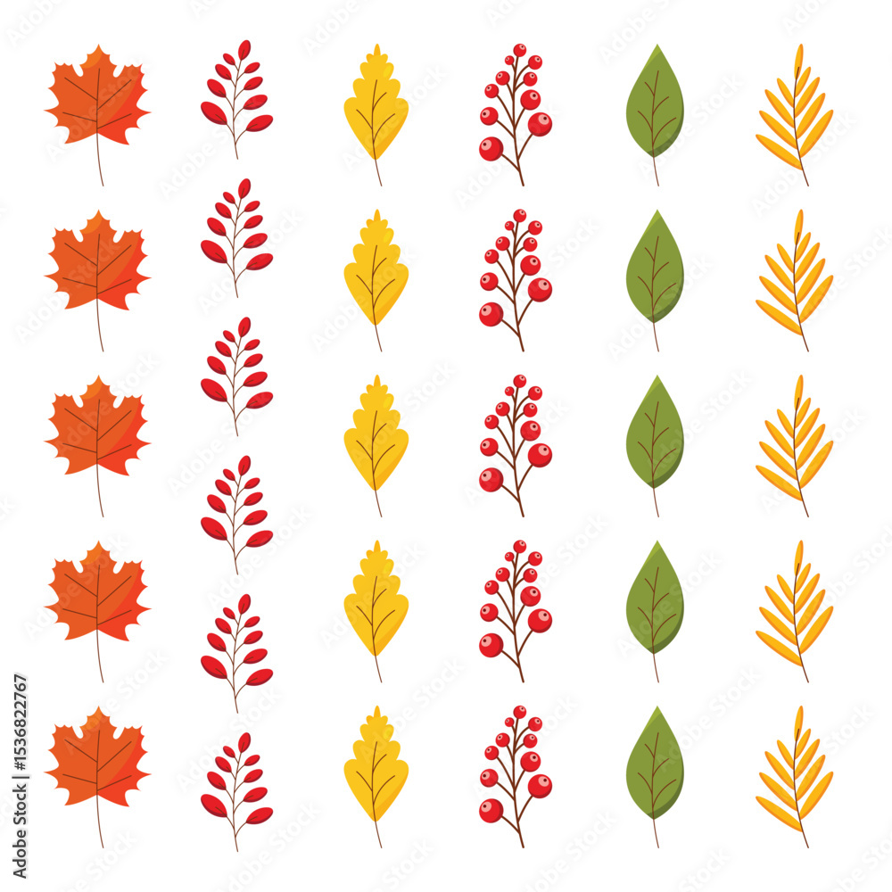 Obraz premium A set of vector stylized autumn leaves and berries, maple leaf, rowan branch, oak leaf.