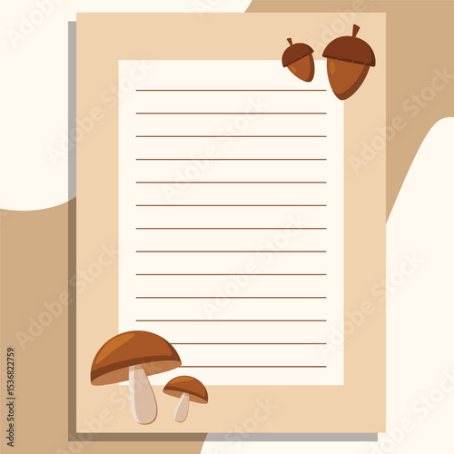 An autumn banner, a sheet of paper, decorated with mushrooms, autumn elements on a beige background.