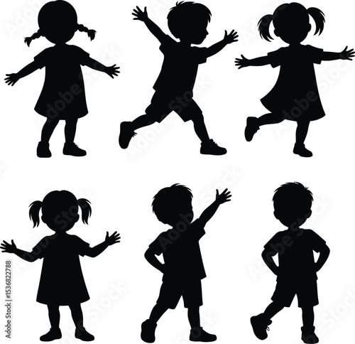 
Black and white silhouette illustration of four kids 