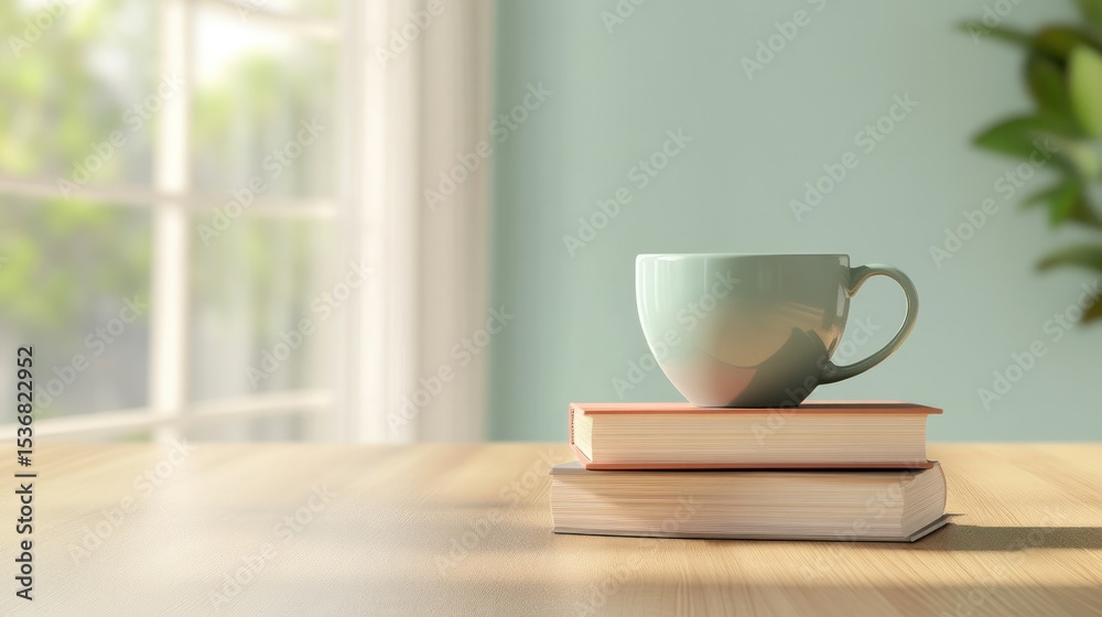 Fototapeta premium Simple ceramic coffee mug placed on top of a closed bookstack on a light wooden table near a bright window in a cozy home interior scene
