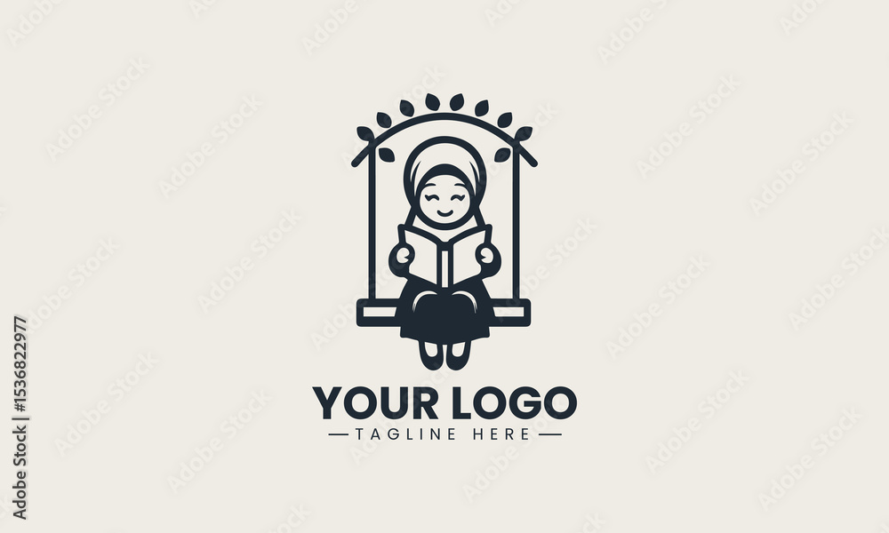 Obraz premium Smiling young Muslim girl in hijab joyfully reading a storybook on a playful wooden swing vector logo cartoon design