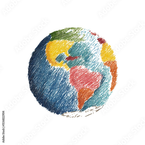 Colorful sketched globe illustrating continents in vibrant colors  