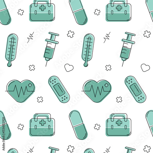 Seamless vector pattern of medical symbols, green images of first-aid kits, tablets, syringes, thermometers, patches, ECG hearts, small hearts and crosses.