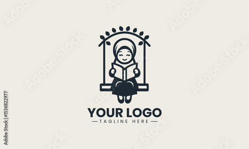 Smiling young Muslim girl in hijab joyfully reading a storybook on a playful wooden swing vector logo cartoon design