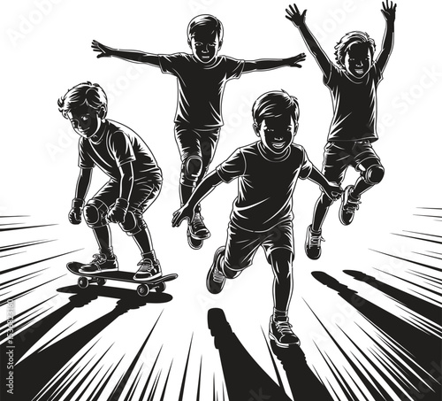 
Black and white silhouette illustration of four kids 