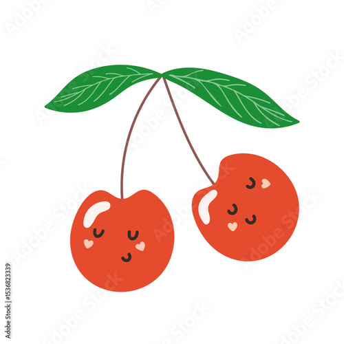 Two kawaii red cherries with cute faces. Vector illustration of happy fruit for kid design, food, healthy lifestyle, summer season.