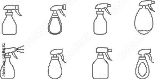 Spray bottle black flat vector icon set, Cleaning spray bottle vector silhouette, modern clean and Fresh sanitizing product design, Useful for various applications like household template elements,