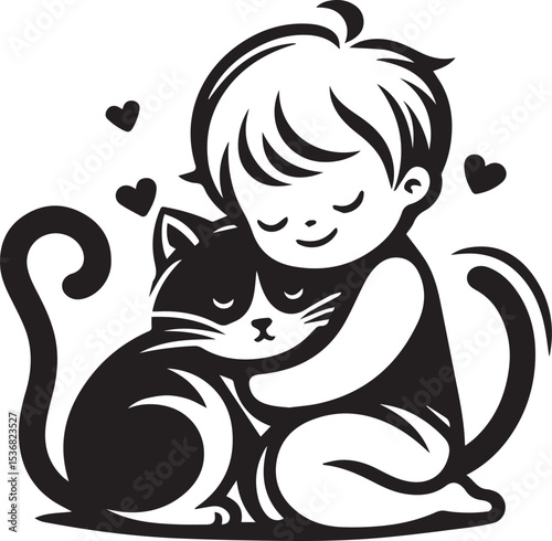 A heartwarming black and white illustration of a child gently embracing a beloved cat a tender moment of love and companionship between human and pet