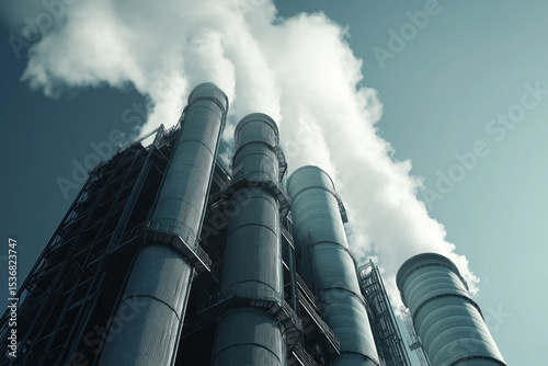 Close-up of nuclear reactor cooling towers emitting steam into clear sky.