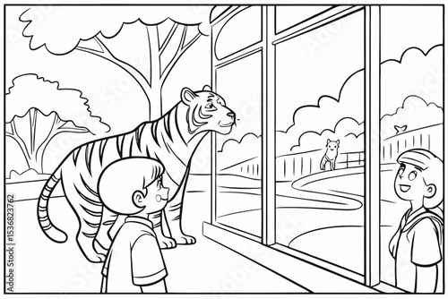 coloring page for kids, a boy and a girl looking at a majestic tiger through a safe glass window at the zoo, thick outlines, black and white