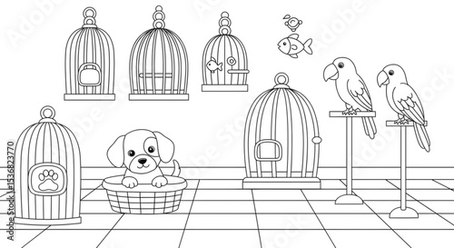 Adorable Puppy and Parrots in Birdcages A Fun Coloring Page Design
