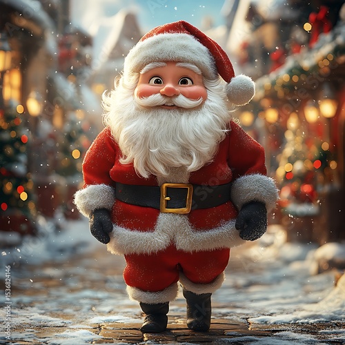 Jolly Santa Claus strolls through a snowy Christmas village