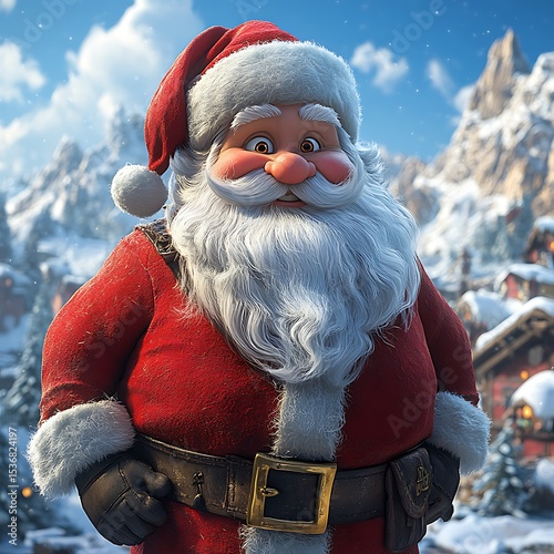 Jolly Santa Claus in Snowy Winter Village Scene