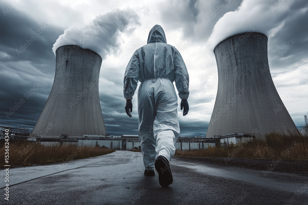 custom made wallpaper toronto digitalWorker in hazmat suit walking near the cooling towers of a nuclear plant, dramatic cloudy sky.