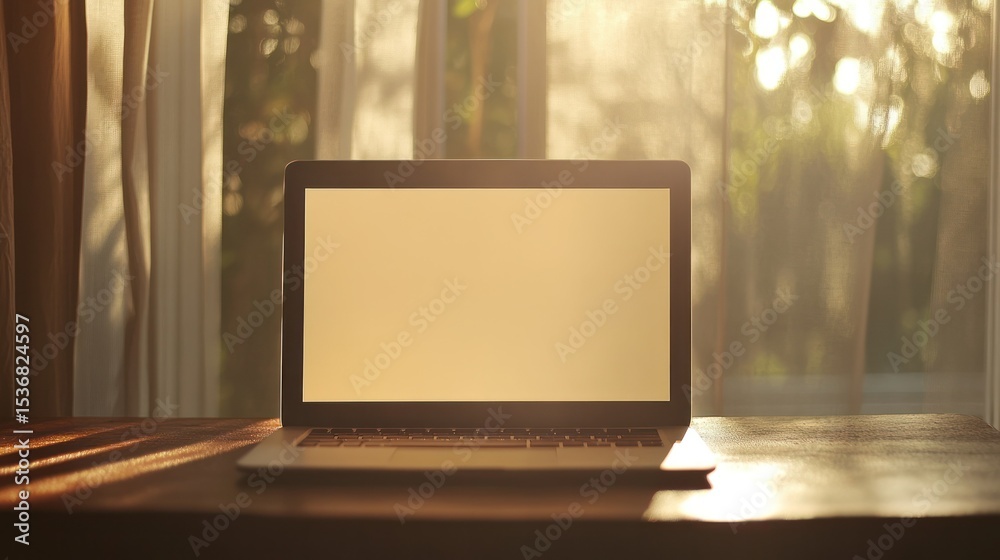 Fototapeta premium Elegant minimalist workspace with an open laptop on a wooden desk in front of a sunlit window with sheers, perfect for remote work, study, or creative projects