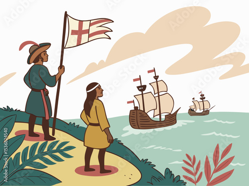 A stylized illustration of a medieval Italian caravel approaching a coastal settlement. A charming, hand-drawn illustration depicting a historical Italian caravel sailing towards a picturesque coastal