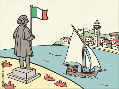 A stylized illustration of a medieval Italian caravel approaching a coastal settlement. A charming, hand-drawn illustration depicting a historical Italian caravel sailing towards a picturesque coastal