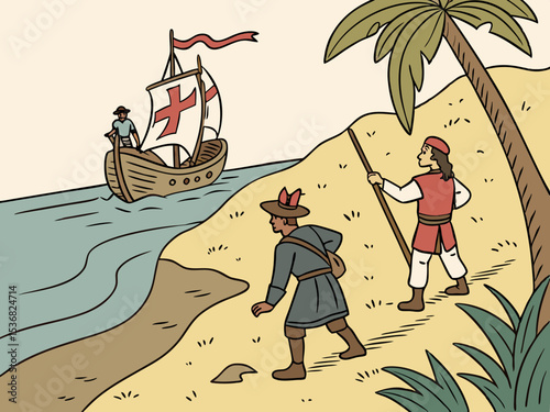 A stylized illustration of a medieval Italian caravel approaching a coastal settlement. A charming, hand-drawn illustration depicting a historical Italian caravel sailing towards a picturesque coastal