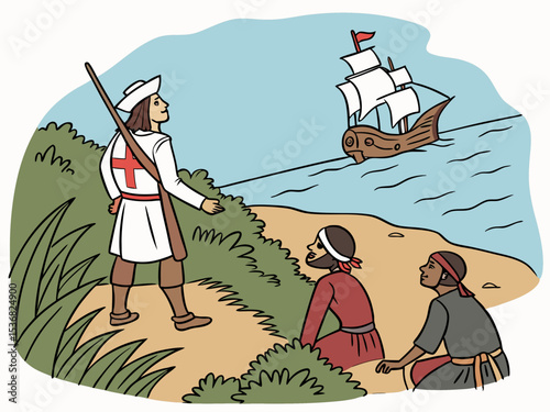A stylized illustration of a medieval Italian caravel approaching a coastal settlement. A charming, hand-drawn illustration depicting a historical Italian caravel sailing towards a picturesque coastal