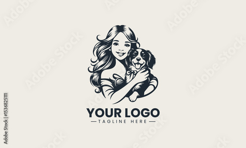 Joyful little dog bonding with smiling young girl in adorable and heartwarming cartoon vector logo design