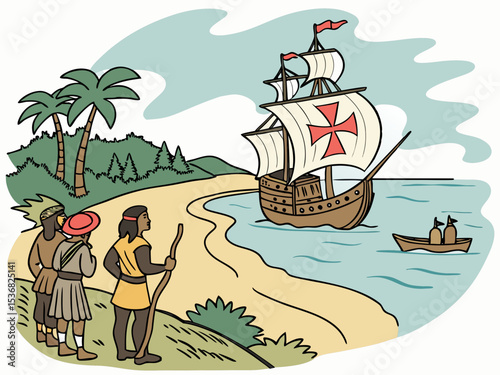 A stylized illustration of a medieval Italian caravel approaching a coastal settlement. A charming, hand-drawn illustration depicting a historical Italian caravel sailing towards a picturesque coastal