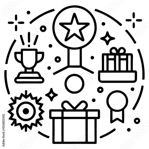 Line icons set related to rewards, achievements, recognition, and success. Includes medals, trophies, ribbons, stars, gift boxes, people celebrating, and shopping elements. Minimal, monochrome outline