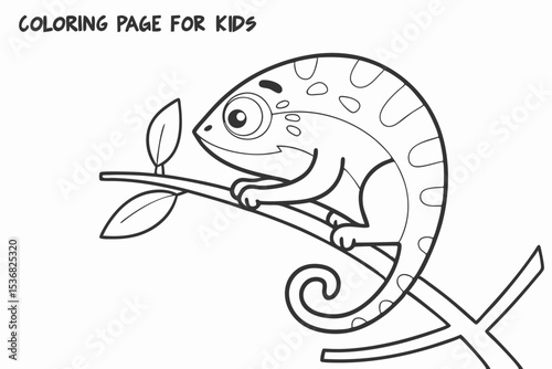 coloring page for kids, a cartoon chameleon sitting on a vine, with a simple leafy background, its body has simple empty sections for kids to color in different patterns, thick outlines, black and whi