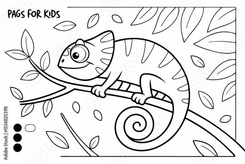 coloring page for kids, a cartoon chameleon sitting on a vine, with a simple leafy background, its body has simple empty sections for kids to color in different patterns, thick outlines, black and whi