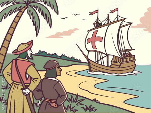 A stylized illustration of a medieval Italian caravel approaching a coastal settlement. A charming, hand-drawn illustration depicting a historical Italian caravel sailing towards a picturesque coastal