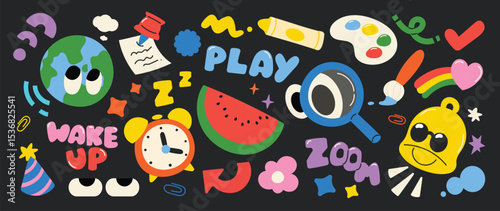 Welcome Back to School funky element vector set. Collection of cartoon characters, cute doodle dawn, Speech bubble, watermelon, globe, clock, palette. Design for education, print, decorative, sticker.