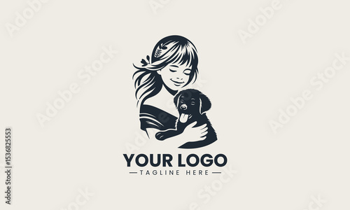 Joyful little dog bonding with smiling young girl in adorable and heartwarming cartoon vector logo design