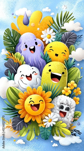 Playful Marketing Graphics Colorful cartoon characters surrounded by nature. Colorful Whimsical Ads Creative Fantasy Promotion