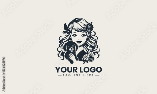 Joyful little dog bonding with smiling young girl in adorable and heartwarming cartoon vector logo design
