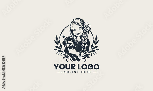 Joyful little dog bonding with smiling young girl in adorable and heartwarming cartoon vector logo design