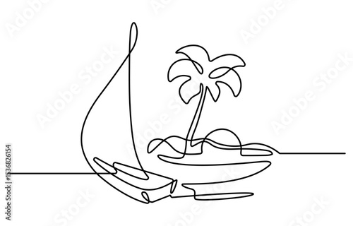 A minimalist line drawing depicts a sailboat plam tree with a single sail navigating wavy ocean waters. The artwork is created with a continuous line, showcasing simplicity and elegance.