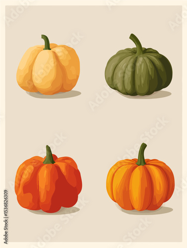 Colorful pumpkin collection set with orange, green and red varieties. Vector illustration perfect for autumn marketing, harvest designs, and seasonal branding materials