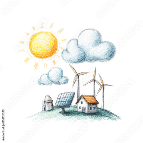 Renewable energy landscape with sun, wind turbines, and solar panel  