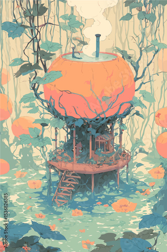 Whimsical fantasy pumpkin house with wooden treehouse platform surrounded by lush vines and flowers in dreamy illustrated swamp setting