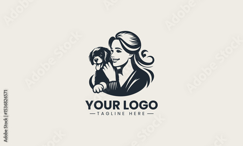Joyful little dog bonding with smiling young girl in adorable and heartwarming cartoon vector logo design