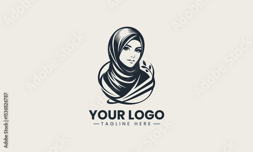 Stylish hijab worn by beautiful young Muslim woman with confident smile vector logo illustration design