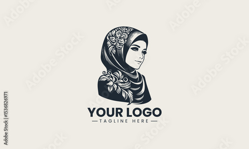 Stylish hijab worn by beautiful young Muslim woman with confident smile vector logo illustration design