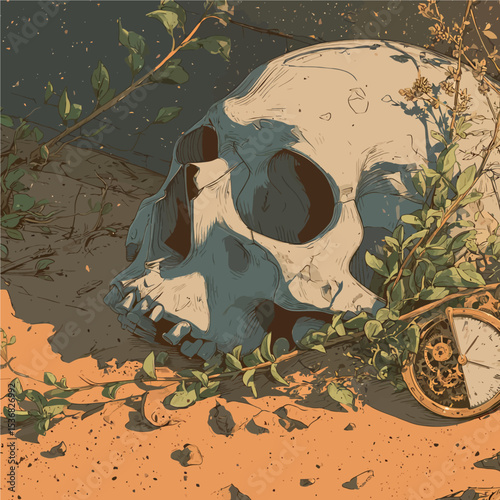Artistic skull with vintage clockwork gears and blooming flowers against sunset - perfect for time, mortality, steampunk and nature rebirth concepts