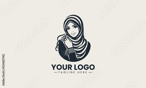 Stylish hijab worn by beautiful young Muslim woman with confident smile vector logo illustration design