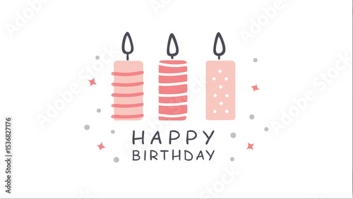 Three birthday candles with stripes and dots above happy birthday text on a white background design