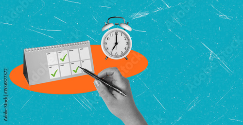 art collage, Planning and scheduling tasks with a calendar and clock during daytime hours in a vibrant environment