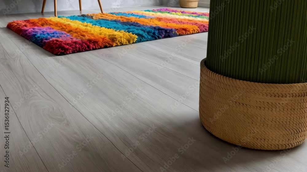 Interior design featuring a bright multicolored shag rug on a neutral wood floor with chair and wicker plant basket for decoration.