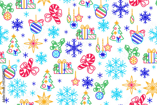 Christmas, New Year seamless pattern, line background, colorful winter holidays illustration. Icons of pine, gifts, snow, snowflakes, Christmas tree decorations. Celebration of Christmas party. Vector
